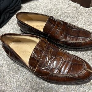 Joan & David Crocodile Pattern Brown Loafers